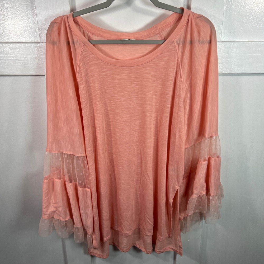 Umgee USA Peach Coral Ruffle Bell Sleeve Mesh Polka‎ Dot Top Small Boho Blouse